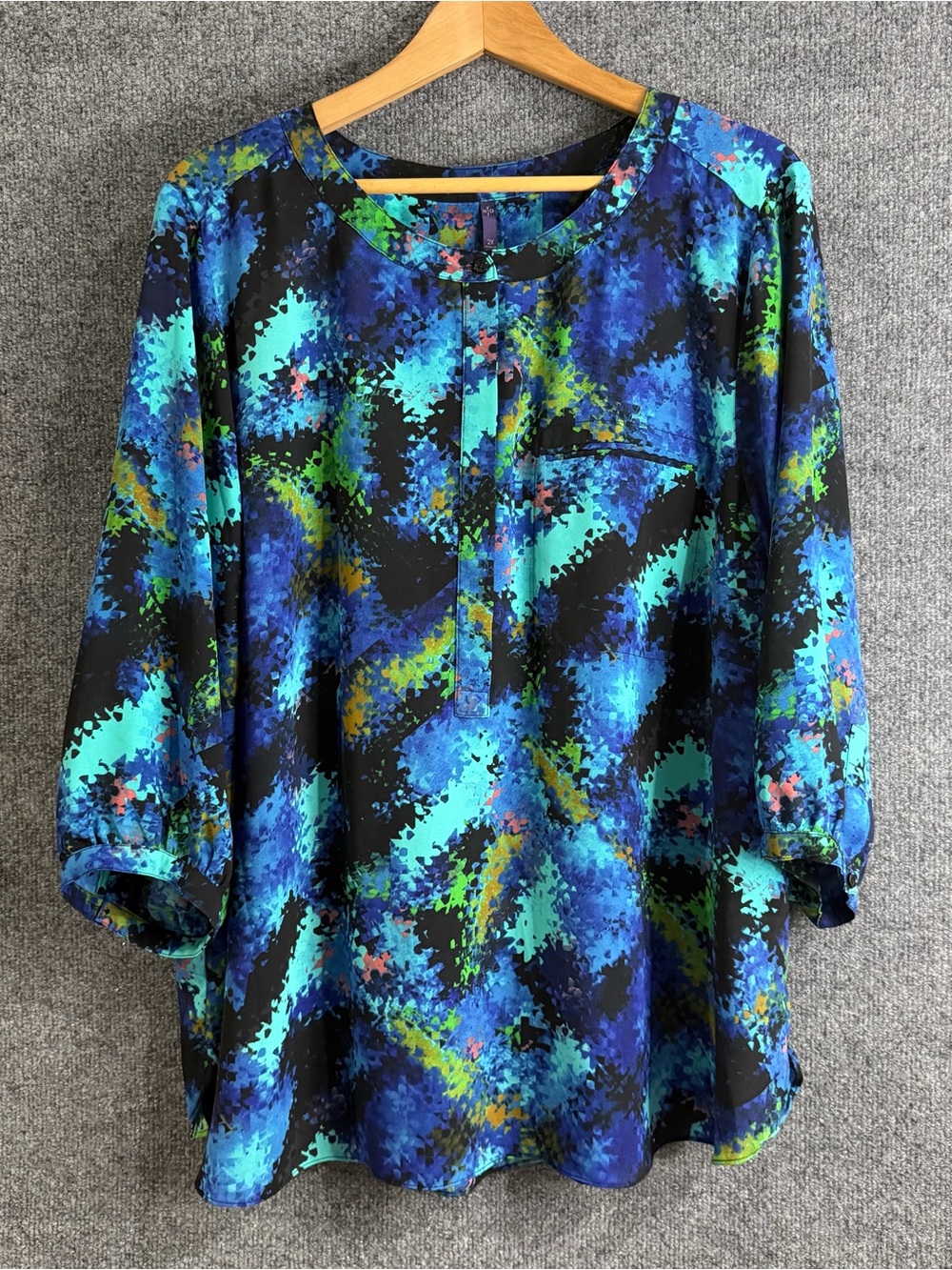 NYDJ Womens 2X Blue Green Abstract Watercolor Print 3/4 Sleeve Blouse Top Office